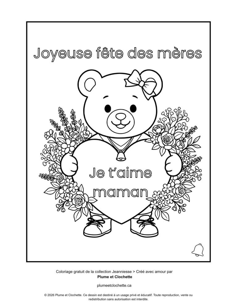 coloriage gratuit jeanniesse qui tien un coeur qui dit je t'aime maman