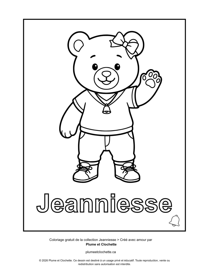 Dessin à colorier de Jeanniesse l'oursonne de Plume Et Clochette, l'oursonne salue de la patte avec son petit grelot au cou et le prénom Jeanniesse écrit en bas.